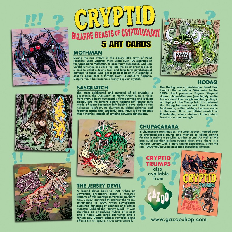 CRYPTIDS - Set of 5 Mini-poster Cards (SET 1) (mothman, Sasquatch/big ...