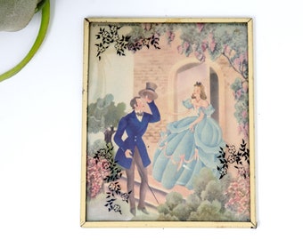 Vintage Victorian Domed Glass Litho Art &quot;Courtship&quot; by Benton Glass Co. Victorian Framed Domed Art