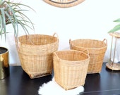 Vintage Woven Rattan Basket Planter -Set of 3 Large Rattan Plant Basket Set Round Woven Wicker Planter Square Bottom Wicker Planter