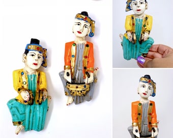 Vintage Ethnic Asian Wood Puppet Wall Hanging Set Multicolored