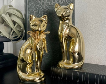 Ceramic Gold Art Deco Seated Cat Figurines "Sleek & Graceful" Cat Figurines