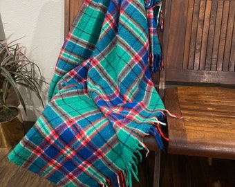 Vintage Plaid Wool Style Gorgeous Green, Blue & Red Fringe Blanket 1960s Throw Blanket