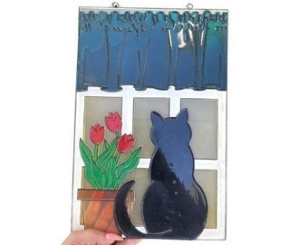 Cat In The Window Faux Stained Glass Window Panel / Vintage Stained Glass Style Plastic Resin Cat Art
