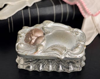 Vintage Art Nouveau Style Rose Trinket Box, Pressed Glass Jewelry Box, Victorian Vanity Decor, Silver Tone Lid