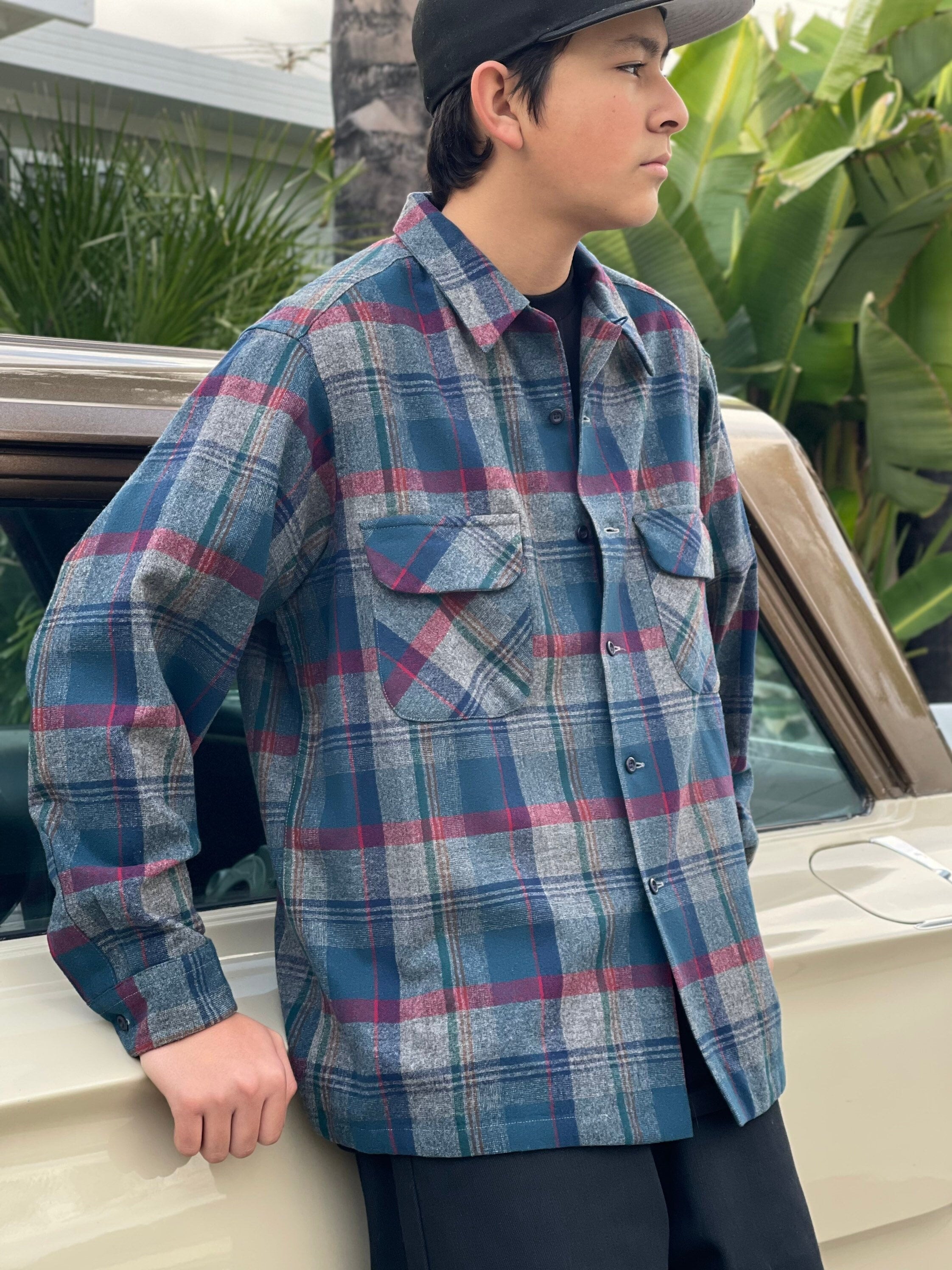 Vintage Pendleton Board Shirt Gray Mix/burgundy/blue Plaid