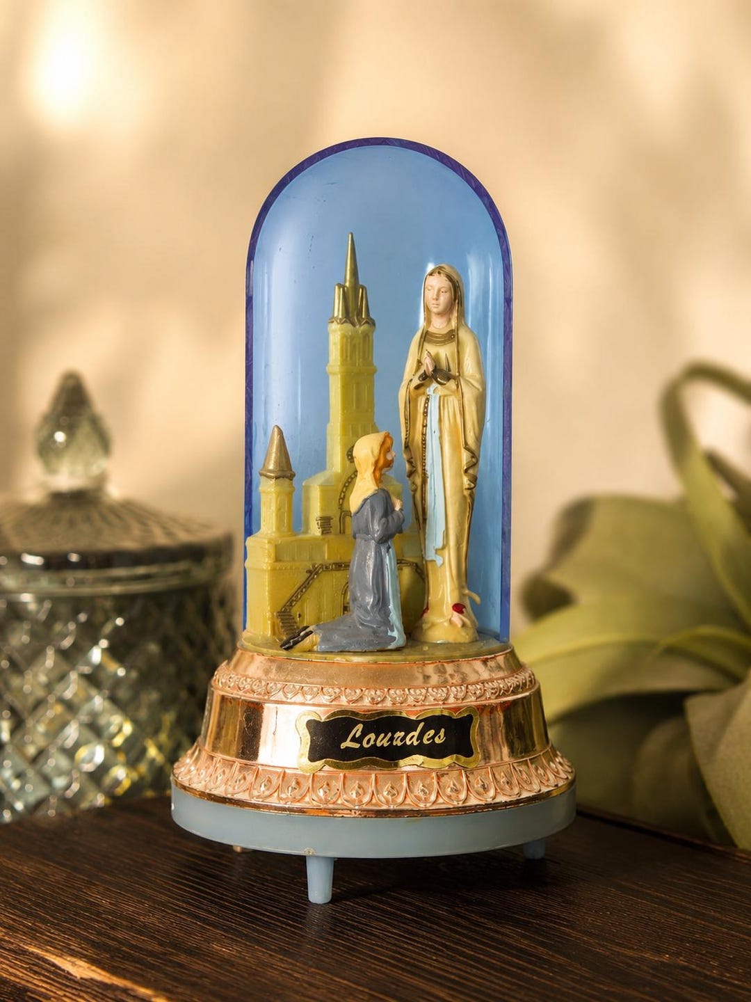 Vintage Lourdes Music Box Dome Figurine Italy Saint Bernadette Our Lady ...