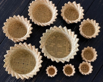 Vintage Mexican Palm Leaf Nesting Baskets Set of 10 | Handwoven Tarahumara Woven Bowls | Boho Rustic Decor | Folk Art Storage Baskets