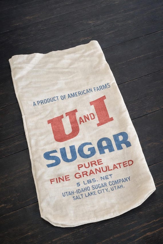 Vintage U&I Sugar Sack 5 lb | Utah-Idaho Sugar Company Bag | Farmhouse Kitchen Decor | Primitive Pantry Textile | Red Blue Print
