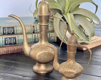 Vintage Brass Ornate Dallah Coffee Pot 9&quot; & 5&quot; | Aged Brass Teapots | Brass Arabic Coffee Tea Pot Kettle