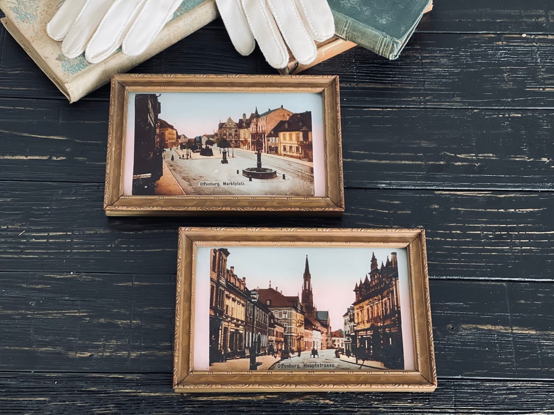 Vintage Lithograph Style German Framed Prints 1950s Set of 2 Framed