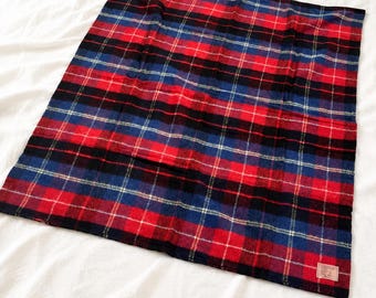 Vintage Italian Wool Blend Plaid Blanket Throw Red Blue Tartan Cottage Cabin Decor Made in Italy