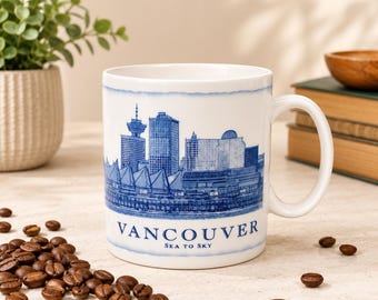 Starbucks Vancouver Canada City Mug 2007 | 18 oz Collector Coffee Cup | Sea to Sky Skyline | Blue & White Travel Souvenir