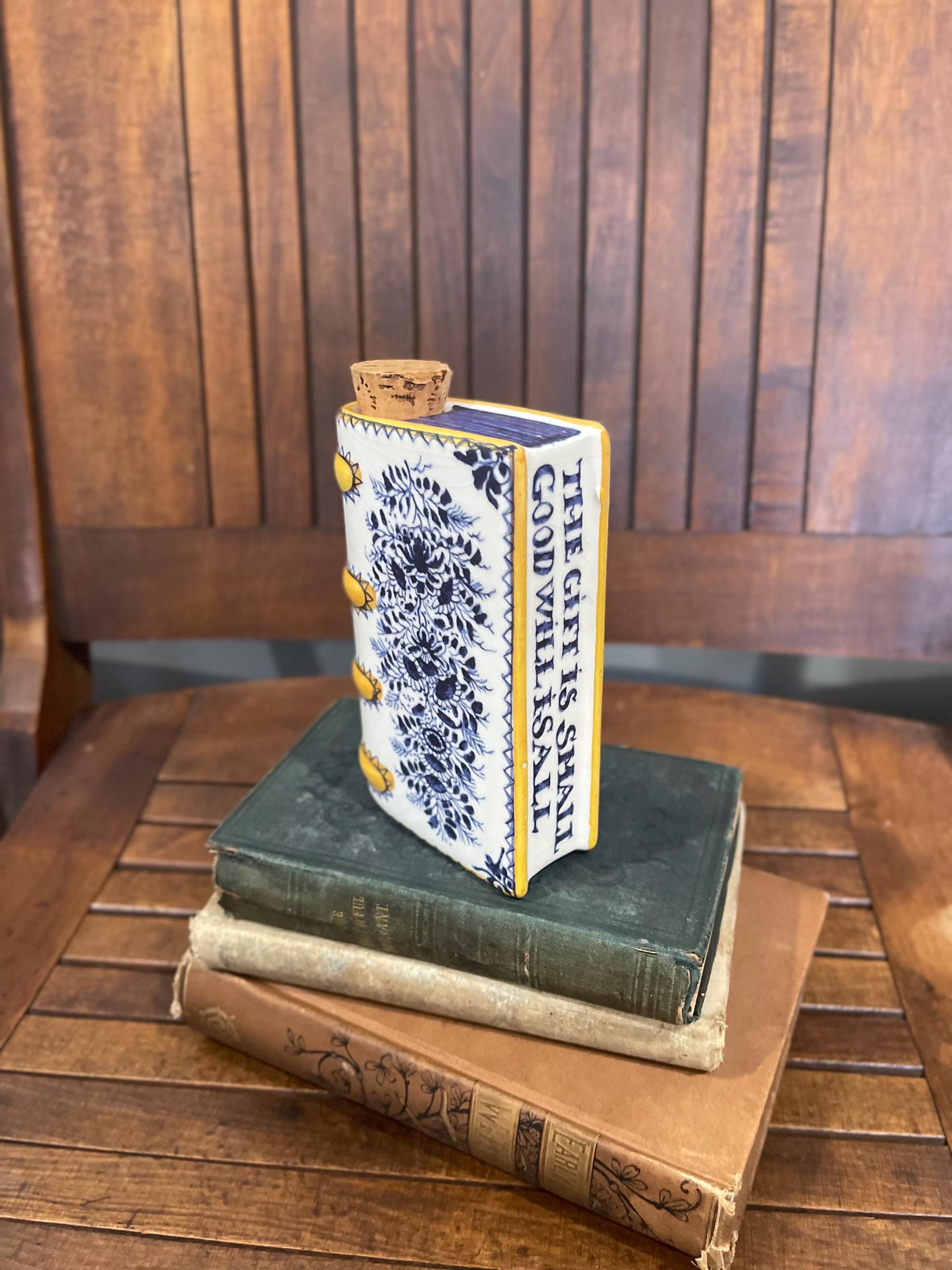 Vintage Metropolitan Museum of Art Book Flask Delft Blue Ceramic Decanter Library Decor Bar Cart Decor Whiskey Flask Museum Gift