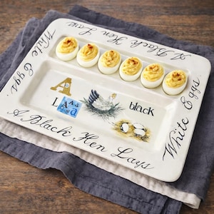 Deviled Egg Plate Vintage | Black Hen Lays White Eggs Ceramic Tray | Hand Painted Easter Egg Platter | Farmhouse Deviled Egg Serving Tray