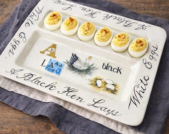 Deviled Egg Plate Vintage | Black Hen Lays White Eggs Ceramic Tray | Hand Painted Easter Egg Platter | Farmhouse Deviled Egg Serving Tray