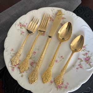 Vintage Stanley Roberts Royalty Gold Flatware Set, 24K Electroplated Rose Baroque Utensils (5-Piece)