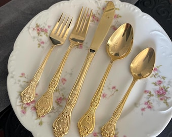 Vintage Stanley Roberts Royalty Gold Flatware Set, 24K Electroplated Rose Baroque Utensils (5-Piece)