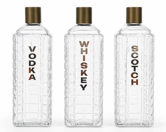 Vintage Karoff Glass Decanter Set of 3 - Vodka Whiskey Scotch Bottles - Mid Century Barware - Textured Glass Liquor Decanters