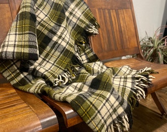 Vintage Plaid Dark Green, Cream & Black Fringe Blanket 1970s Throw Blanket