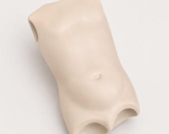 May include: A beige, smooth-surfaced mannequin torso featuring a defined chest, a central navel, and openings at the neck, shoulders, and leg areas. This anatomical form is crafted with a neutral, matte finish and displays a realistic human torso shape.