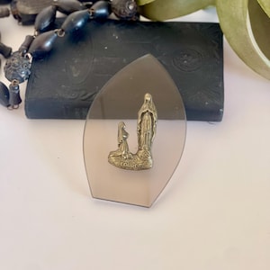 Vintage French Saint Bernadette with Our Lady of Lourdes Glass Souviner / Grotto of Lourdes Figurine Glass Plaque Made in France