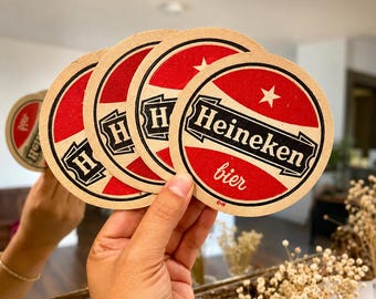 Vintage Heineken Beer Coasters Set of 4 Round Cardboard Bar Coasters Imported Lager Breweriana Advertising Decor