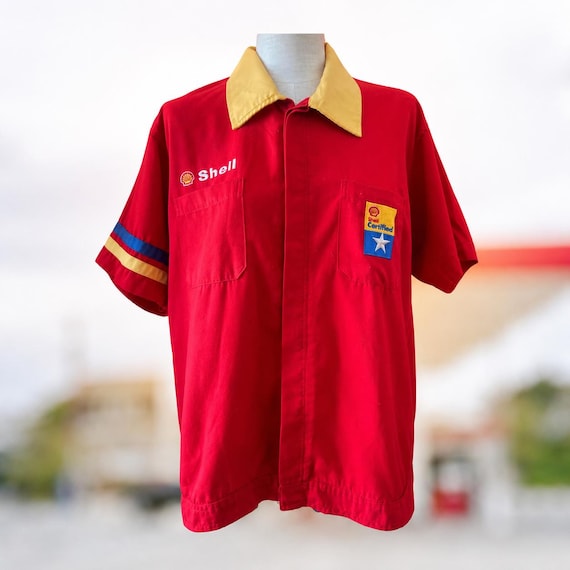 Vintage Shell Gas Station Work Shirt Red Uniform Shirt Shell Certified Patch Retro Service Station Button Front Cotton Large