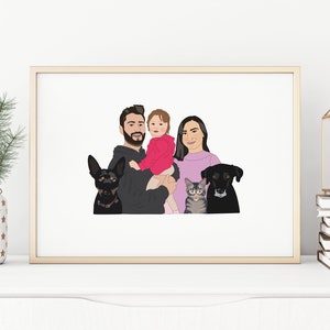 May include: A framed illustration of a family with two dogs and a cat. The family is composed of a man, a woman, and a child. The pets are a black dog, a black and tan dog, and a gray tabby cat. The family is wearing casual clothes.
