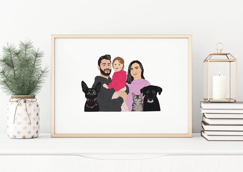 May include: A framed illustration of a family with two dogs and a cat. The family is composed of a man, a woman, and a child. The pets are a black dog, a black and tan dog, and a gray tabby cat. The family is wearing casual clothes.