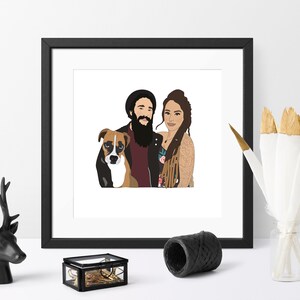 May include: A framed art print featuring a stylized illustration of a couple and a dog. The artwork is in a minimalist style with bold outlines and flat colors. The dog is a brown and white Boxer mix.