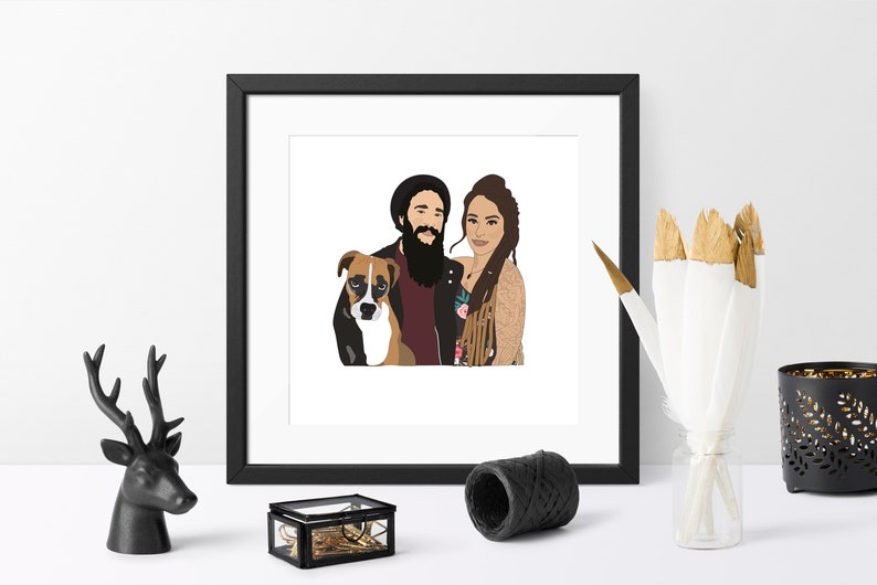 May include: A framed art print featuring a stylized illustration of a couple and a dog. The artwork is in a minimalist style with bold outlines and flat colors. The dog is a brown and white Boxer mix.