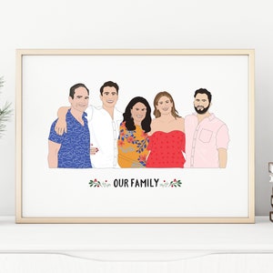May include: A framed illustration of five people, depicted from the chest up, in a minimalist style. The people are wearing various outfits, including a blue patterned shirt, a white shirt, a floral top, a red strapless dress, and a pink shirt. The text "OUR FAMILY" is below the illustration.