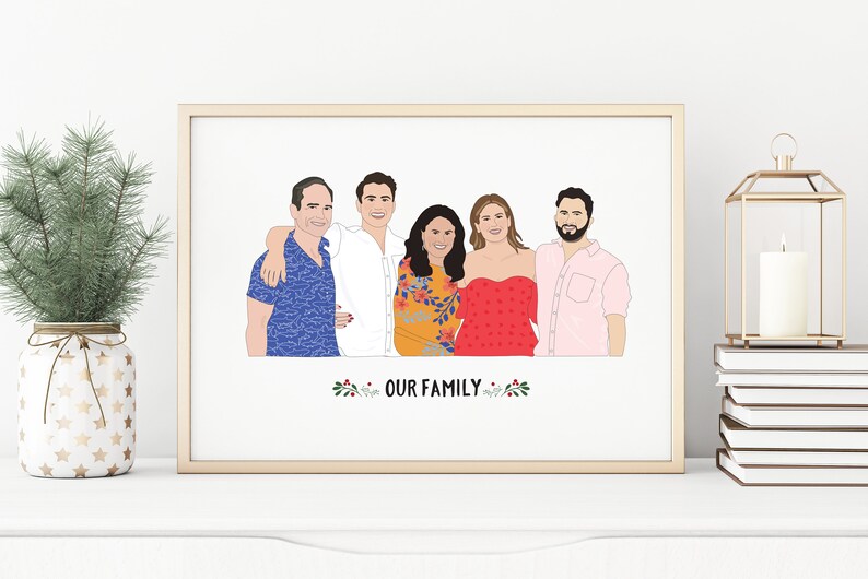 May include: A framed illustration of five people, depicted from the chest up, in a minimalist style. The people are wearing various outfits, including a blue patterned shirt, a white shirt, a floral top, a red strapless dress, and a pink shirt. The text "OUR FAMILY" is below the illustration.