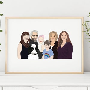 May include: A framed family portrait with six people and a dog, rendered in a minimalist style. The artwork features a gold frame and is displayed on a white surface. The family members are depicted with simplified facial features and clothing.