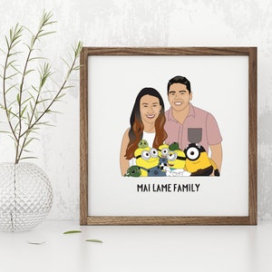 May include: A framed illustration featuring a couple and several Minion characters. The couple is smiling, and the Minions are in the foreground. The text "MAI LAME FAMILY" is at the bottom of the frame. The frame is brown.