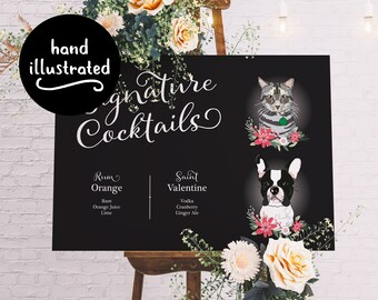 Bar Menu Wedding, Custom Pet Signature Drinks, Wedding Sign for Bar, Chalkboard Style. Bar Sign with Dog, Cat, Printed Cocktail List