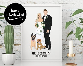 Wedding Portrait of Couple with Pets Personalised Portrait Illustration Gift for Married Couple Drawing of Wedding Photo