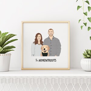 May include: A framed portrait featuring a couple and a dog, with the text "The Armentrouts" below. The artwork is in a gold frame and is displayed on a white shelf with potted plants on either side.