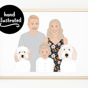 May include: A framed, hand-illustrated portrait of a family with two dogs. The family includes a man, a woman in a floral dress, and a child. The dogs are fluffy and white. The portrait is in a gold frame, with the words "hand illustrated" in a black circle.