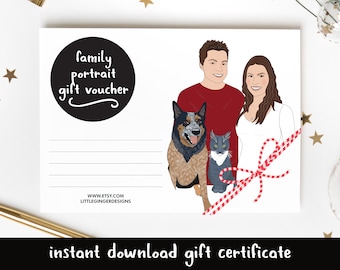 Custom Family Portrait Illustration - Gift Voucher Personalised Family Portrait Illustration, Illustrated Family Portrait for Mum Dad
