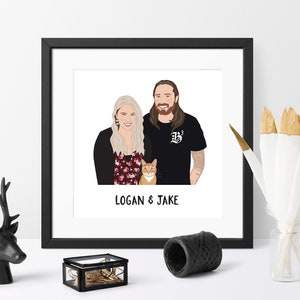 May include: A framed illustration featuring a couple and a cat, with the text "LOGAN & JAKE" below. The artwork is in a black frame, and the couple is depicted with blonde hair, a beard, and casual attire. The cat is orange.