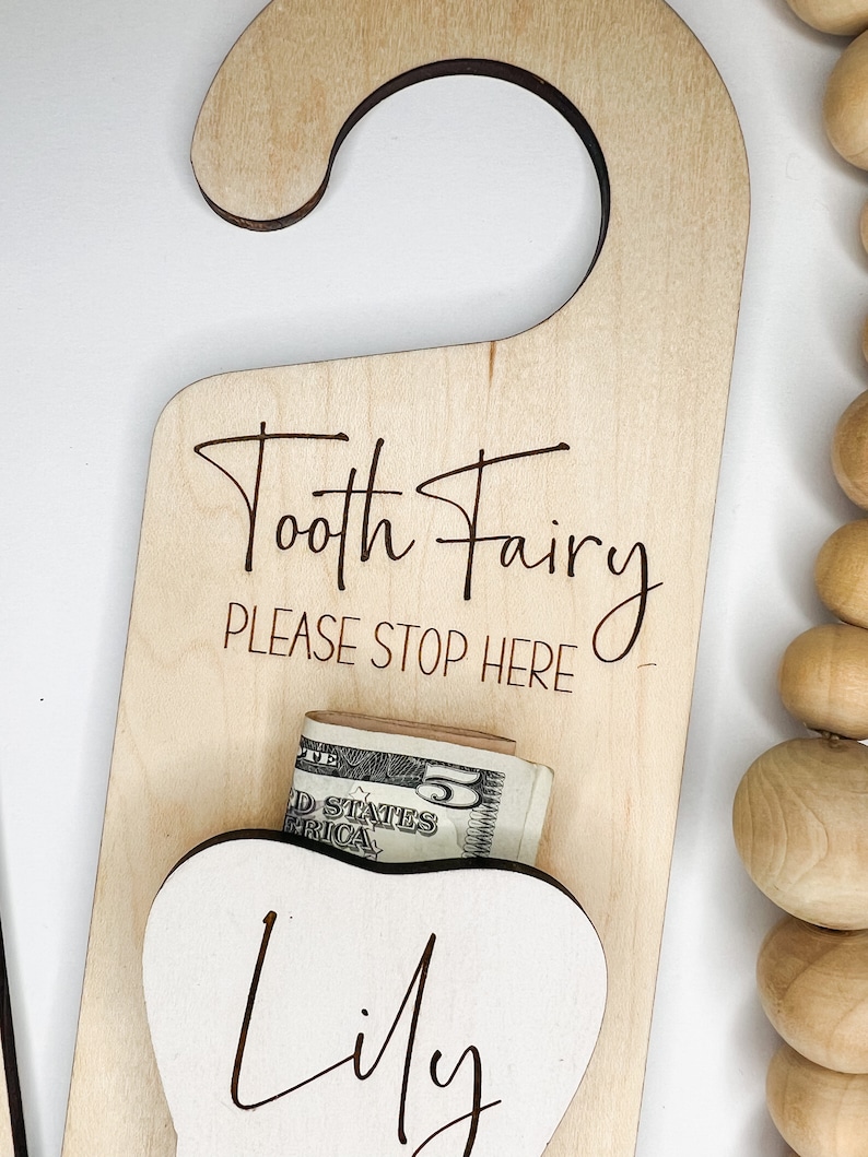 Tooth Fairy Door Hanging, Custom Name Tooth Fairy Pick Up, Personalized kids tooth fairy sign, Money Holder, Boho, Kids Room Decor, Tooth Cursive Font