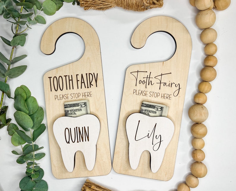Tooth Fairy Door Hanging, Custom Name Tooth Fairy Pick Up, Personalized kids tooth fairy sign, Money Holder, Boho, Kids Room Decor, Tooth image 1