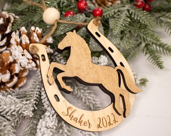 Horse Personalized Christmas ornament, Rearing Horse Ornament, Horseshoe ornament, Horse lover gift, Horse's Keepsake