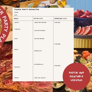 Może przedstawiać: Cyfrowy i drukowany planer przyjęcia obiadowego z sekcjami na menu, listę rzeczy do zrobienia i listę zakupów. Planer zawiera miejsce na przekąski, przystawki, dodatki, dania główne, desery i napoje. Obraz przedstawia również jedzenie.