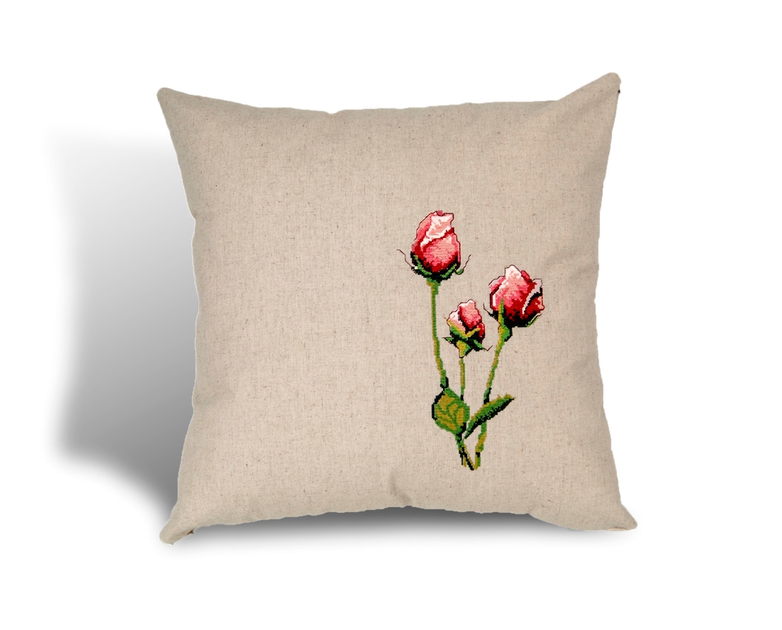 3 Roses Embroidered Pillow Throw Pillow Linen Deco Cushion Etsy