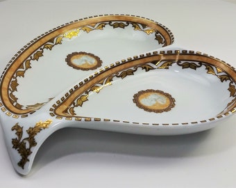 Very Rare Vintage T. Bavaria Gold Geometric Trim Cameo Fine Bone China Porcelain Ceramic Trinket Candy Dish Decorative Tray