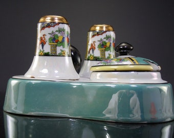 Antique Vintage 1920's Japanese Noritake Lusterware Fine Hand Painted China Porcelain Ceramic Salt&Pepper Shaker Condiment Caddy Tray Set