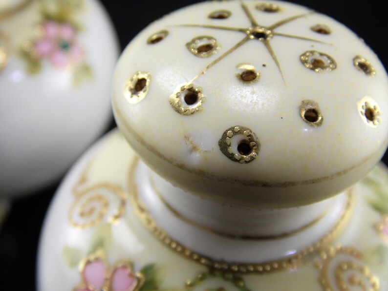 Rare Antique Japanese Nippon Hand Painted Moriage Gold Trim Floral Scroll Fine Bone China Ceramic Salt /& Pepper Shaker Set Made in Japan
