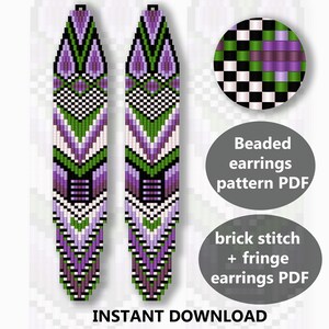 May include: Digital PDF pattern for beaded earrings. The design features two long, vertical earrings with a geometric pattern in shades of purple, green, black, and white. A circular design and text that reads "Beaded earrings pattern PDF" and "brick stitch + fringe earrings PDF" are also included. The words "INSTANT DOWNLOAD" are at the bottom.